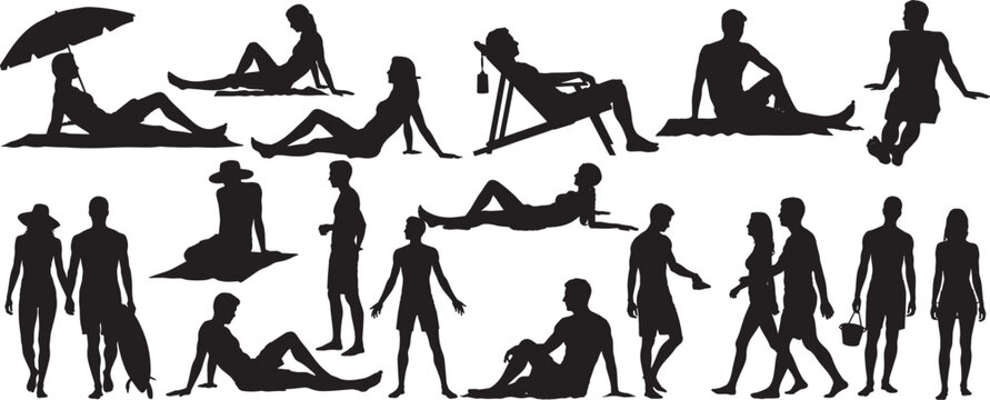 Beach people silhouette set, summer vacation tourists surfing walking relaxing vector design