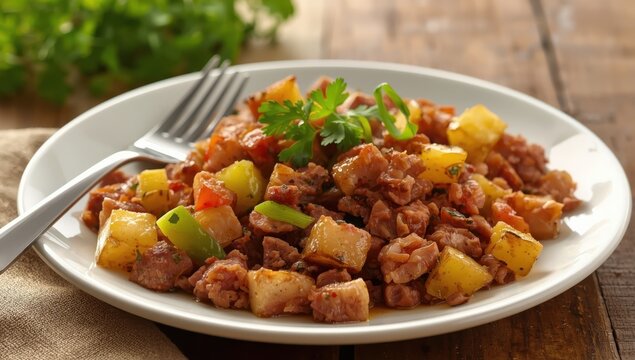 Tasty corned beef hash served on a dish.