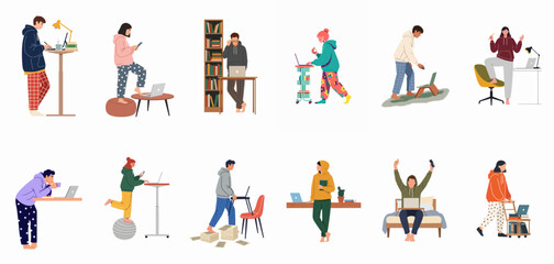 Fototapeta premium Diverse people working and studying from home in pajamas and hoodies, using laptops at various creative home office setups, flat vector illustration.