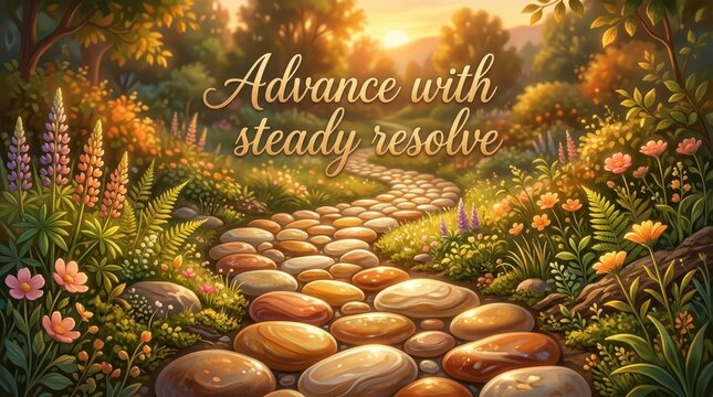 Scenic garden pathway with blooming flowers at sunset, representing steady progress and determined journey.