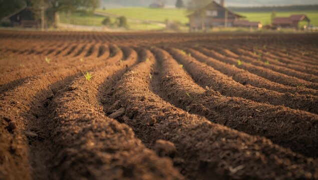 Focused blur on furrows in a rural landscape by a farm, a tilled field in Titelski, Serbia, Voivodina. Plowing is an agricultural method for land fertilization.