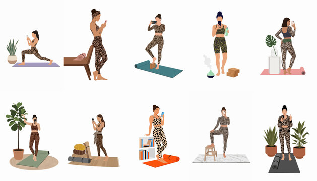 Collection of flat vector illustrations featuring women in leopard print activewear practicing yoga and taking selfies with smartphones at home.