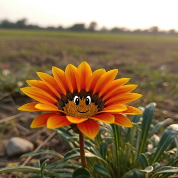 Cheerful cartoon flower with big eyes in a field.