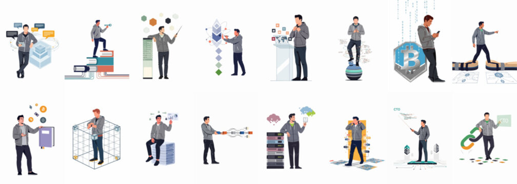 Collection of flat vector illustrations depicting a male tech professional engaging with blockchain, cryptocurrency, data servers, coding, and modern digital technology concepts.