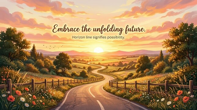 Scenic winding road through rolling hills at sunset with inspirational message about future possibilities