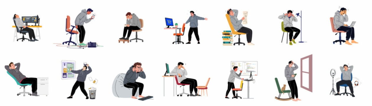 Set of vector illustrations depicting a male programmer experiencing stress, frustration, and burnout during work in various home office situations.