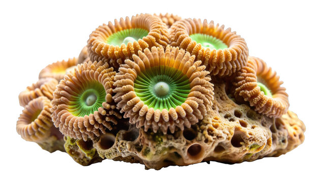 Vibrant orange and green Zoanthid coral polyps colony isolated on white background for marine reef aquarium nature concepts