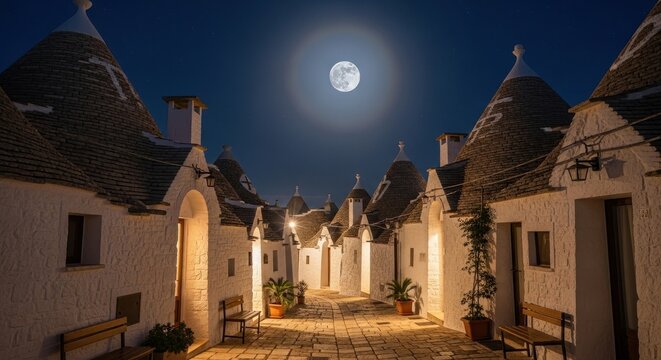 Charming Trulli Houses Under Full Moon in Alberobello.