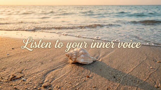 Seashell on Sandy Beach at Sunset with Inspirational Quote "Listen to your inner voice"