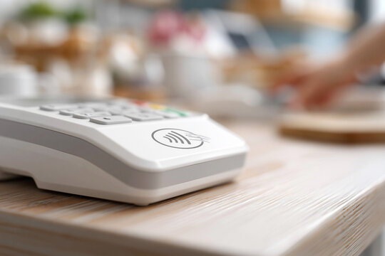 White payment terminal rests on wooden counter. Blurry background hints at busy retail setting. Hand reaches toward device, ready to use. Modern transactions are common today. Perfect for business