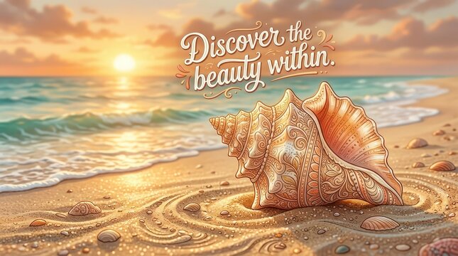 Seashell on Sandy Beach at Sunset with Inspirational Text "Discover the Beauty Within"