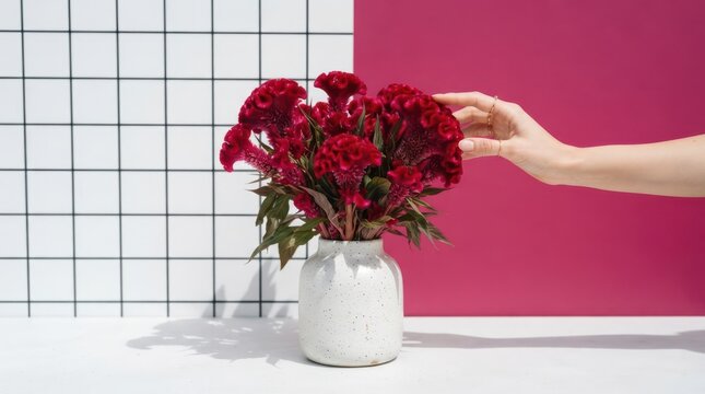Hand touching red celosia flowers in a white speckled vase