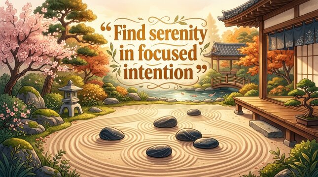 Serene Japanese Zen Garden with Raked Sand, Stones, Cherry Blossoms and Traditional Architecture