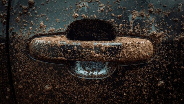 Detailed view of a grimy black car door and handle caked in mud, dust, and dirt. The vehicle requires a wash after a journey.