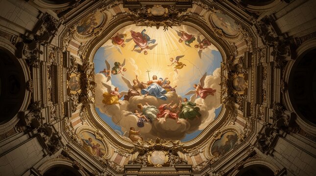 A stunning Baroque ceiling fresco depicting angels and divine figures bathed in golden light within an ornately decorated church interior.