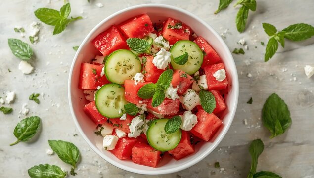 Feta, cucumber, and mint watermelon salad on a bright backdrop. Nutritious meal. Aerial perspective.