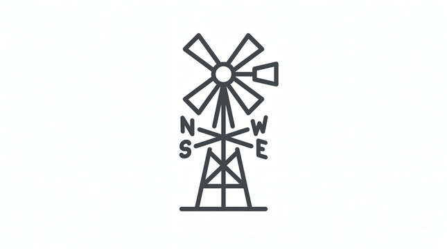Windmill line art icon vector illustration with cardinal directions North South East West for farm logo design