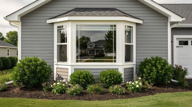 A modern gray house exterior with a bay window, surrounded by neatly trimmed shrubs and a well-maintained lawn.