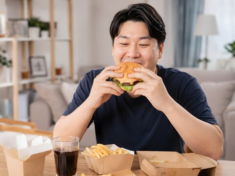 Man Eating Burger and Fries at Home