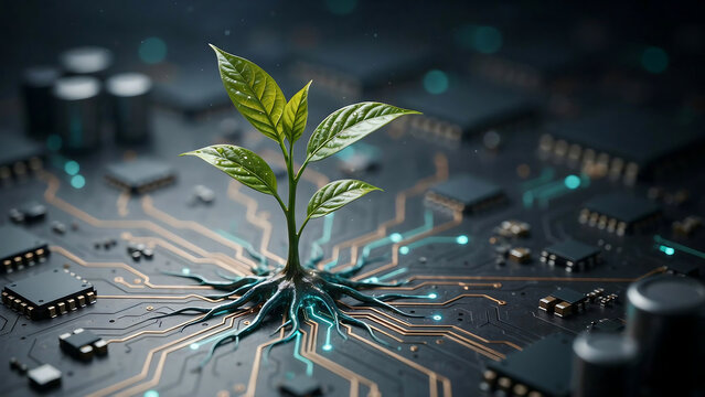 Green plant growing from computer circuit board representing ecological technology and sustainable digital future growth.