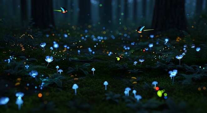 Abstract digital art of glowing particles in dark space.