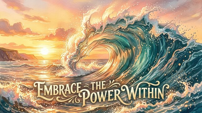 Dramatic ocean wave crashing at sunset with inspirational message "Embrace the Power Within"