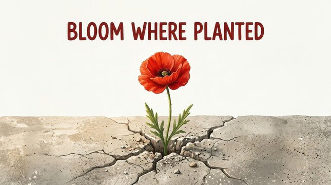 Single red poppy blooming defiantly through cracked concrete, symbolizing resilience and hope in adversity