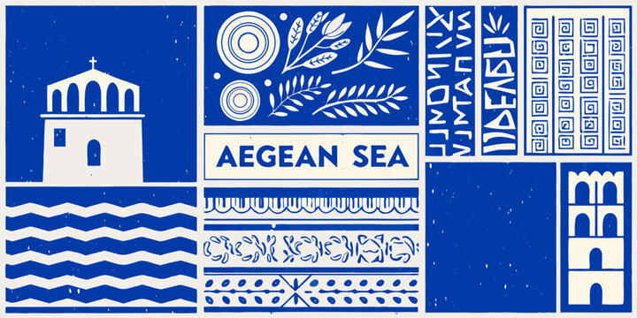 vintage block print style poster featuring greek architecture and patterns blue white church tower olive branch text aegian sea geometric