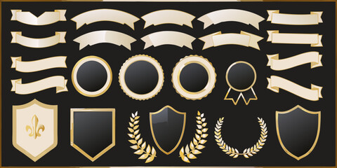 gold and black badges shields collection on dark background ribbons awards emblems decorative elements vector illustration design template ornate fleur de lis © Titul