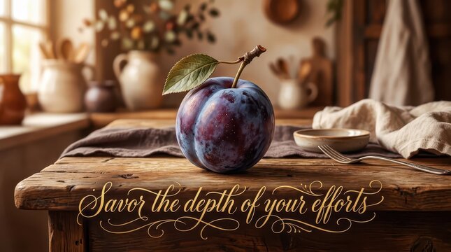 Single Ripe Plum with Leaf on Rustic Wooden Table with Fork and Napkin, Rustic Kitchen Background, Inspiring Quote