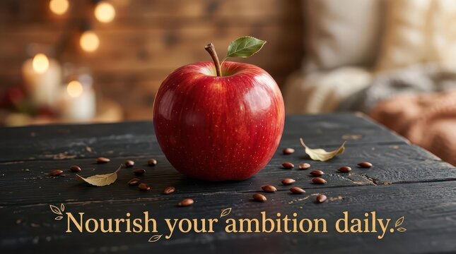 Single Ripe Red Apple on Dark Rustic Table with Scattered Seeds and Autumn Leaves, Soft Bokeh Lights