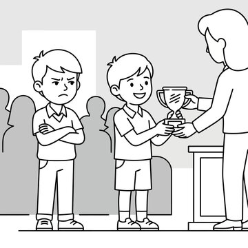 Boy receiving trophy and jealous rival line art