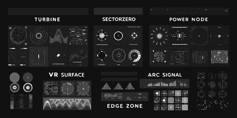 industrial micrographics set in black and white vector style turbine sectorzero power node surface arc signal edge zone graphic elements © Titul