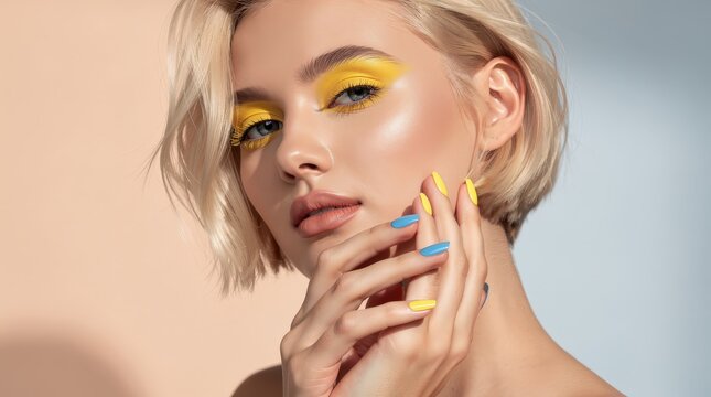A close-up portrait of a woman with short blonde hair, vibrant yellow eye shadow, and matching yellow and blue nails, showcasing bold and colorful makeup.