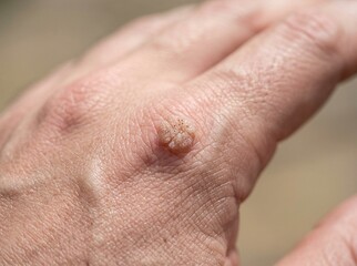 Fototapeta premium A textured common wart growing on the skin of a human hand