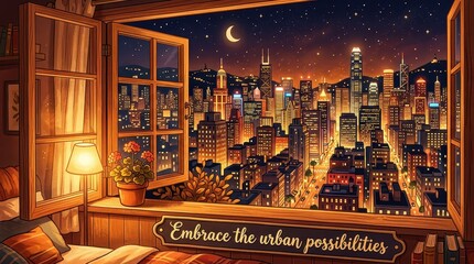 Obraz premium Cozy bedroom view of a vibrant cityscape at night through an open window, warm interior lighting, urban possibilities