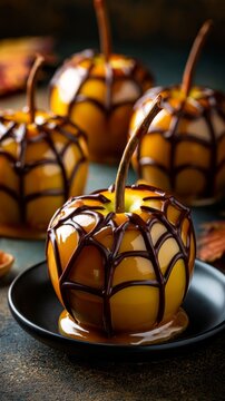 Caramel Apples Decorated with Chocolate Spiderwebs