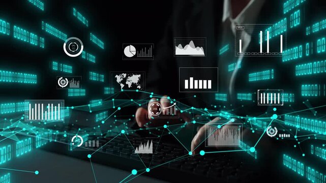 A male professional engages with a computer, analyzing data surrounded by futuristic digital graphics, illustrating technology and innovation in modern business environments. Xenic
