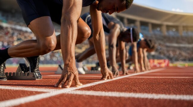 High-Definition Close-Up of Track and Field Athletes on Starting Blocks during Golden Hour