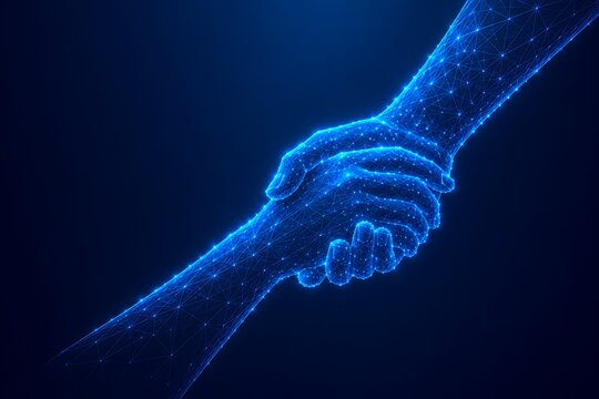 Digital wireframe art of two hands grasping together representing teamwork and strength in partnership. futuristic world humanitarian day with partnership, teamwork. futuristic world humanitarian day