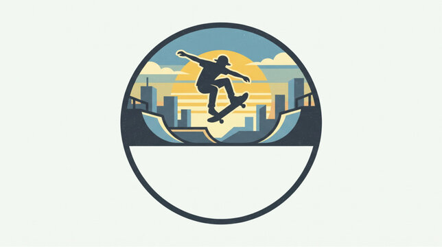Vector skateboarder silhouette performing trick in city park at sunset badge logo design.