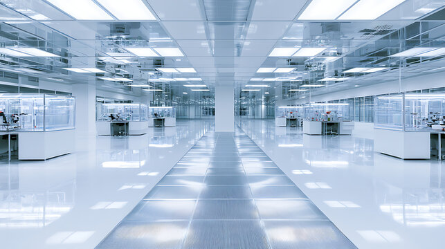 A bright and spotless semiconductor manufacturing cleanroom with multiple workstations (3)
