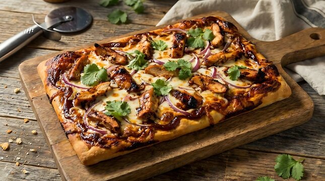 BBQ chicken flatbread pizza with onion and cilantro.
