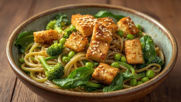 Plant-based noodles with greens and tofu, including broccoli, edamame, spinach, and sesame.