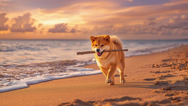 Adorable red Shiba Inu carrying a stick while running on the beach during sunset in Greece.
