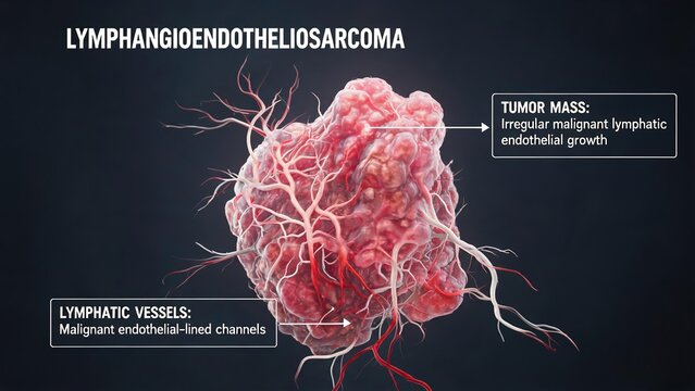 Dark grey clinical background 3D labeled medical render of lymphangioendotheliosarcoma, irregular malignant pink tumor mass with tangled malignant lymphatic endothelial vessels soft tissue sarcoma pat