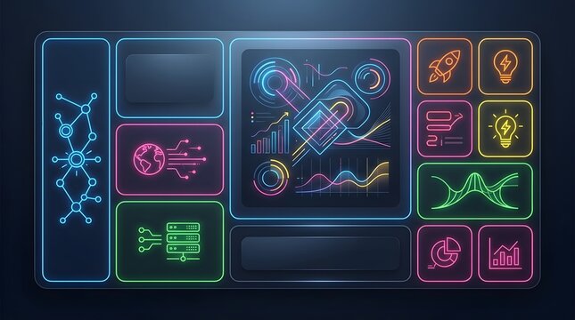 futuristic digital interface with neon glowing charts graphs icons and dashboard design in vibrant colors for technology and user experience
