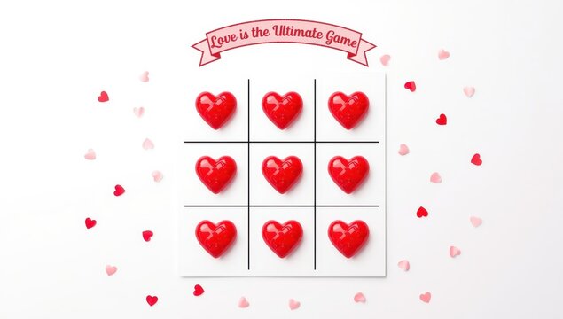 Red hearts against a white backdrop. Innovative idea featuring hearts in a tic tac toe layout. Valentine's theme, overhead perspective.