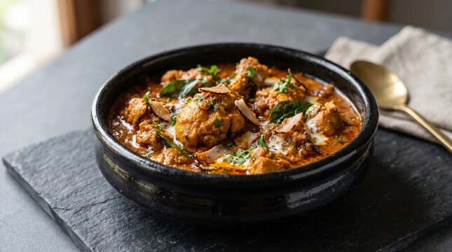 Kerala-style chicken curry with fried coconut, served in a black ceramic dish on a grey backdrop.
