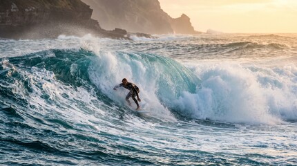 Surfer Riding a Powerful Ocean Wave with Coastal Cliffs at Sunset © Jack